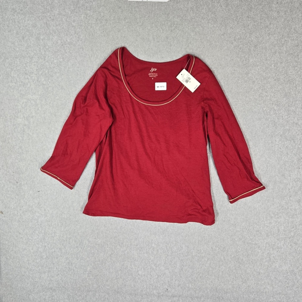 J Jill Women Shirt M Red Contrast Trim Tee Pima Cotton Scoop Neck 3/4 Sleeve NWT